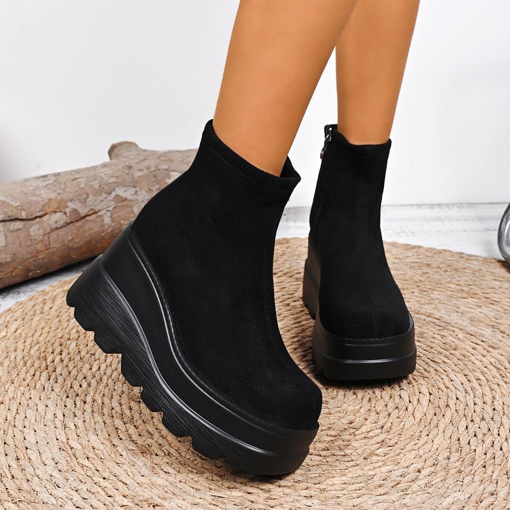 Fashion Fall Winter High Platform Boots Women Stretch Fabric Wedges Ankle Boots Women Punk Style Party Goth Shoes Woman Big Size 43