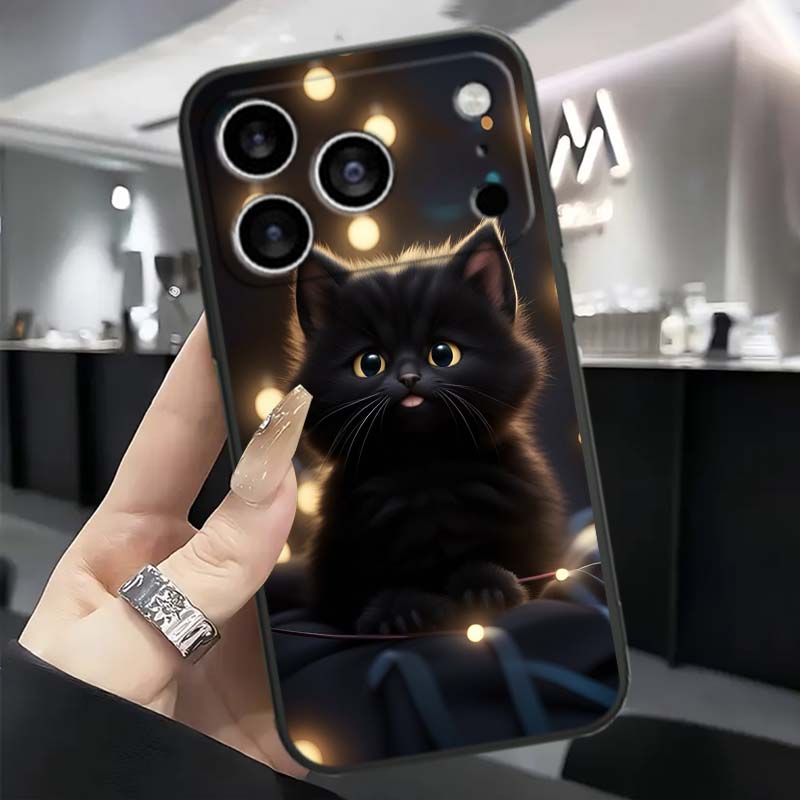 Anime cartoon cat illustration For Apple iPhone 17 16 16E 15 14 13 12 11 Pro Max Plus Black Soft Silicone Phone Case