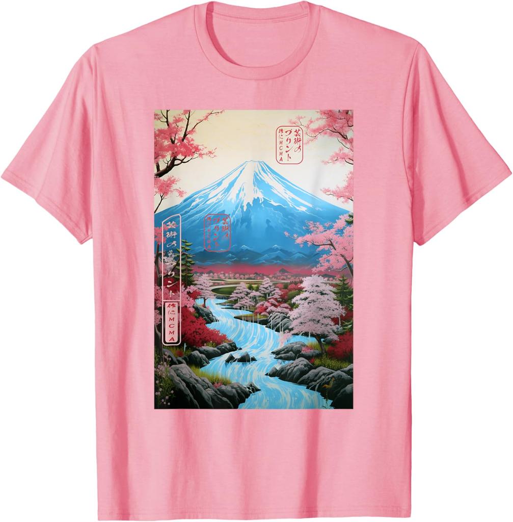 Mount Fuji Ukiyoe Cherry Blossom Graphic TShirt Soft Cotton Casual Short Sleeve Tee for Men