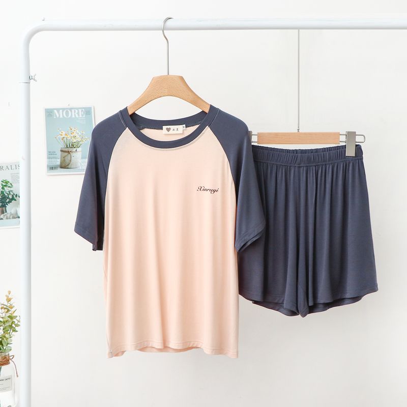 

Modal Short-Sleeve Pajamas Women s Summer Thin round Neck Pajamas Loose Plus Size T-Shirt Shorts Two-piece Set Iron Gray 3XL (80.00 kg-90.00 kg recommended