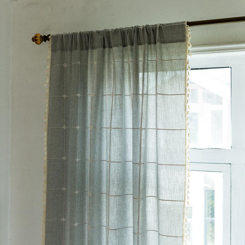 Grey Curtain Finished Product Embroidery Cotton And Linen Solid Color Plaid Coffee Insulation Living Room Kitchen Set Rod Partition Curtain