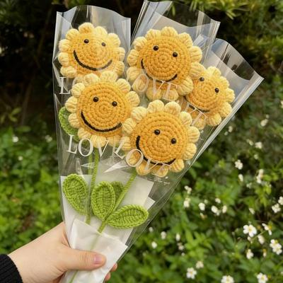 6Pcs Handmade Crochet Sunflower,Smile Knitted Flowers, Artificial Woven SunFlowers Best For Teacher's Day, Graduation Gift