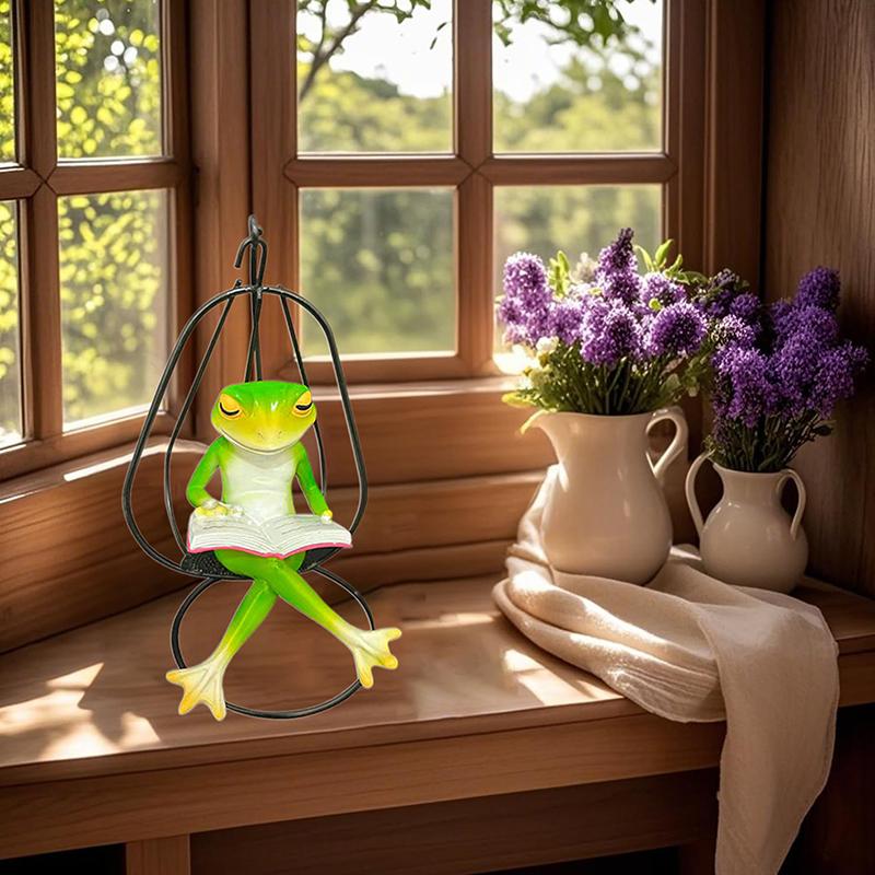 Resin Frog Sculpture Reading Frog Ornament Whimsical Hammock Chair Reading Frog Statue Cute Green Figurine For Indoor Outdoor