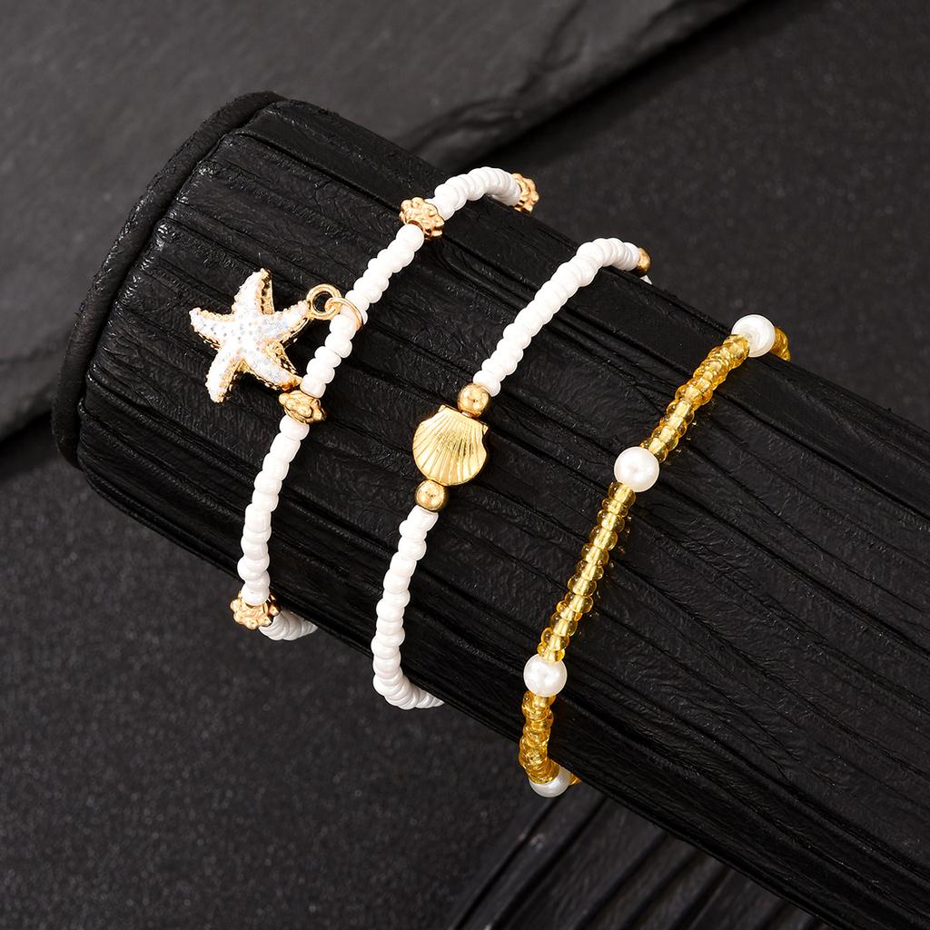 3Pcs/Set Bohemian Starfish Rice Beads Shell Anklet Set for Women Summer Gold White Color Multilayer Anklet Vacation Jewelry Gift