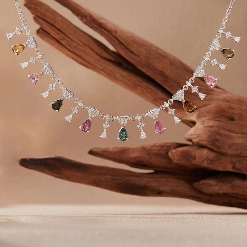 S925 Silver Natural Color Treasure Jewelry Tourmaline Necklace Female Tassel Pendant Xiaohongshu Wechat Channels