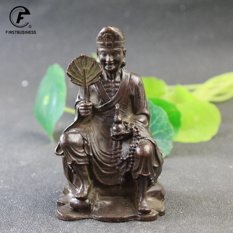 Antike Kupfer Ji Gong Mönch Statue Schreibtischornamente Retro Buddha Figuren Glücksbringer Feng Shui Heimdekorationen Handwerkszubehör
