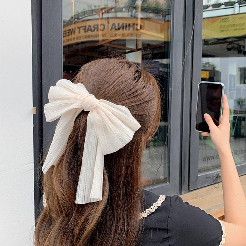 Women White Simple Hairpin Chiffon Mesh Big Bowknot Ribbon Hairband Clip Lady Girls Spring Clip