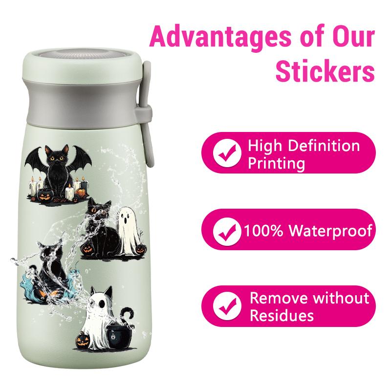 50PCS Halloween Black Funny Cat Stickers Horrible Pumpkin Sticker Animal Aesthetic Vinyl Waterproof Decals for Water Bottle