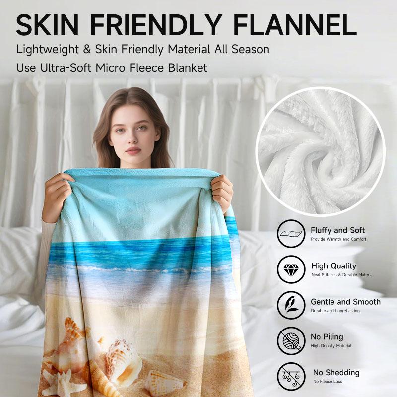 Starfish shell beach theme flannel blanket suitable for travel, camping, sofa, bed, tourism, holiday gifts Halloween Christmas