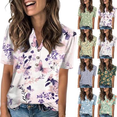 Ladies Summer Tops Women's Fashion Casual With Floral Prints V-neck Short Sleeve Button T-shirt Top