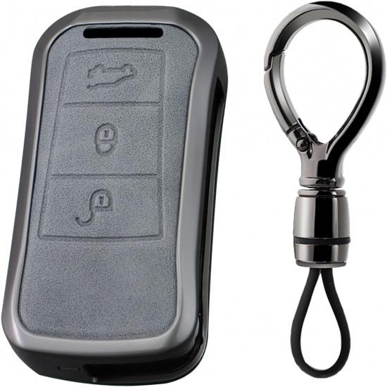 

SANRILY Gray Metal Leather 3 Button Flip Key Fob Cover Fit for Porsche Cayenne 1st Generation 2003-2011 Keyless Key Holder with Keychain A Gray -C