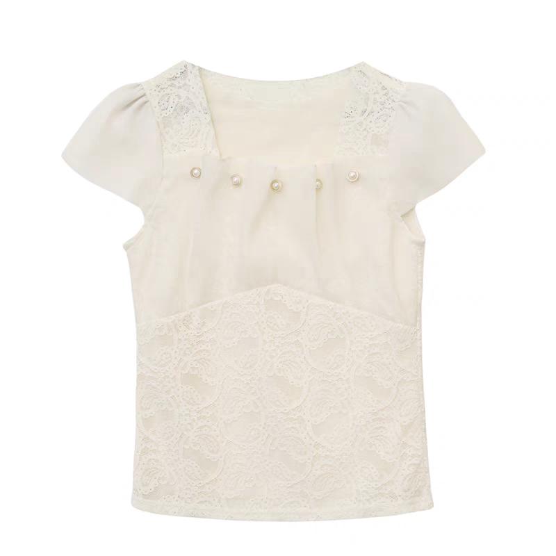 Tricou Clasic de Vară cu Dantelă pentru Dame Haine Sexy Decolteu Pătrat Nasturi cu Perlă Topuri Slim Cămăși Elegante Mânecă Scurtă Tricouri Femei