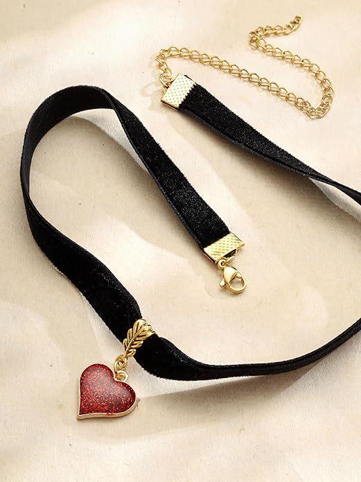 New Trendy Personality Shiny Red Heart Pendant Necklace Black Velvet Collar for Women Hallowmas Party Retro Gothic Jewelry Gifts