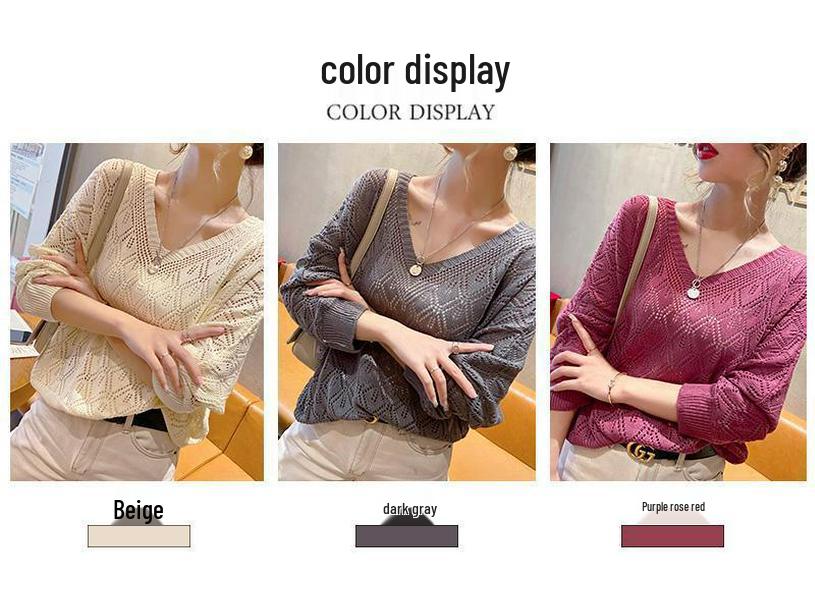 Dámský jarní kardigan s V-výstřihem, háčkovaný s dutým úpletem - Volný tenký krátký top