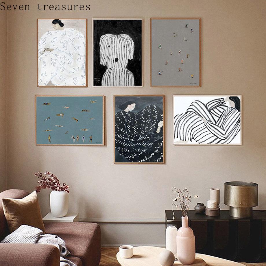 

Минималистичное абстрактное искусство на холсте, линии, женщина, собака, искусство для стены в стиле плавания, скандинавский постер, живопись и принты, картины для гостиной 21x30cm No Framed