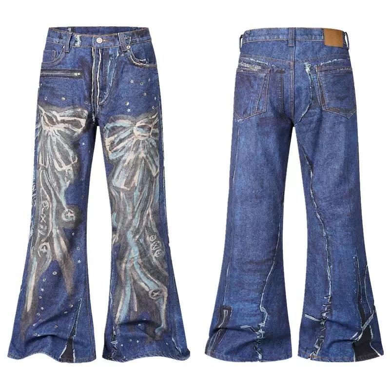 RogueWave High Street Straight Washed Dirty Ripped Blue Jeans Pants for Men Vintage Casual Loose Denim Trousers Frayed Patchwork Cargos