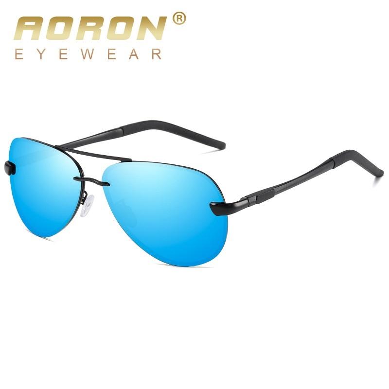 AORON Aluminium-Magnesium-polarisierte Herren-Sonnenbrille, modisches Design, zum Fahren, Angeln, UV400, blendfrei, rahmenlose Brille blau/schwarz