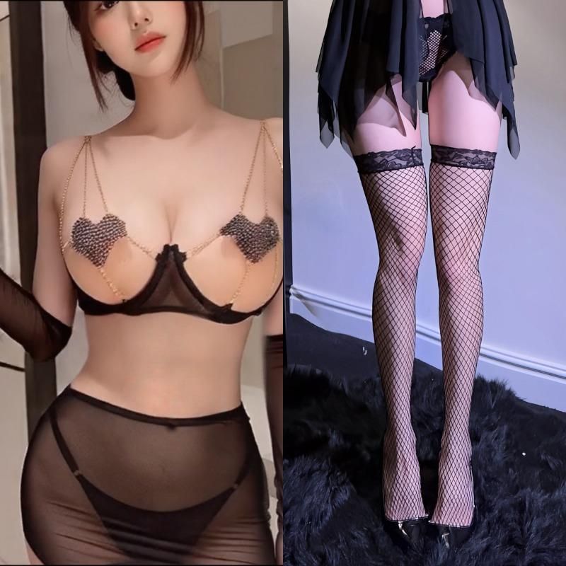 Sex underwear transparent mesh seduction three-point pajamas passion free red robe suit women