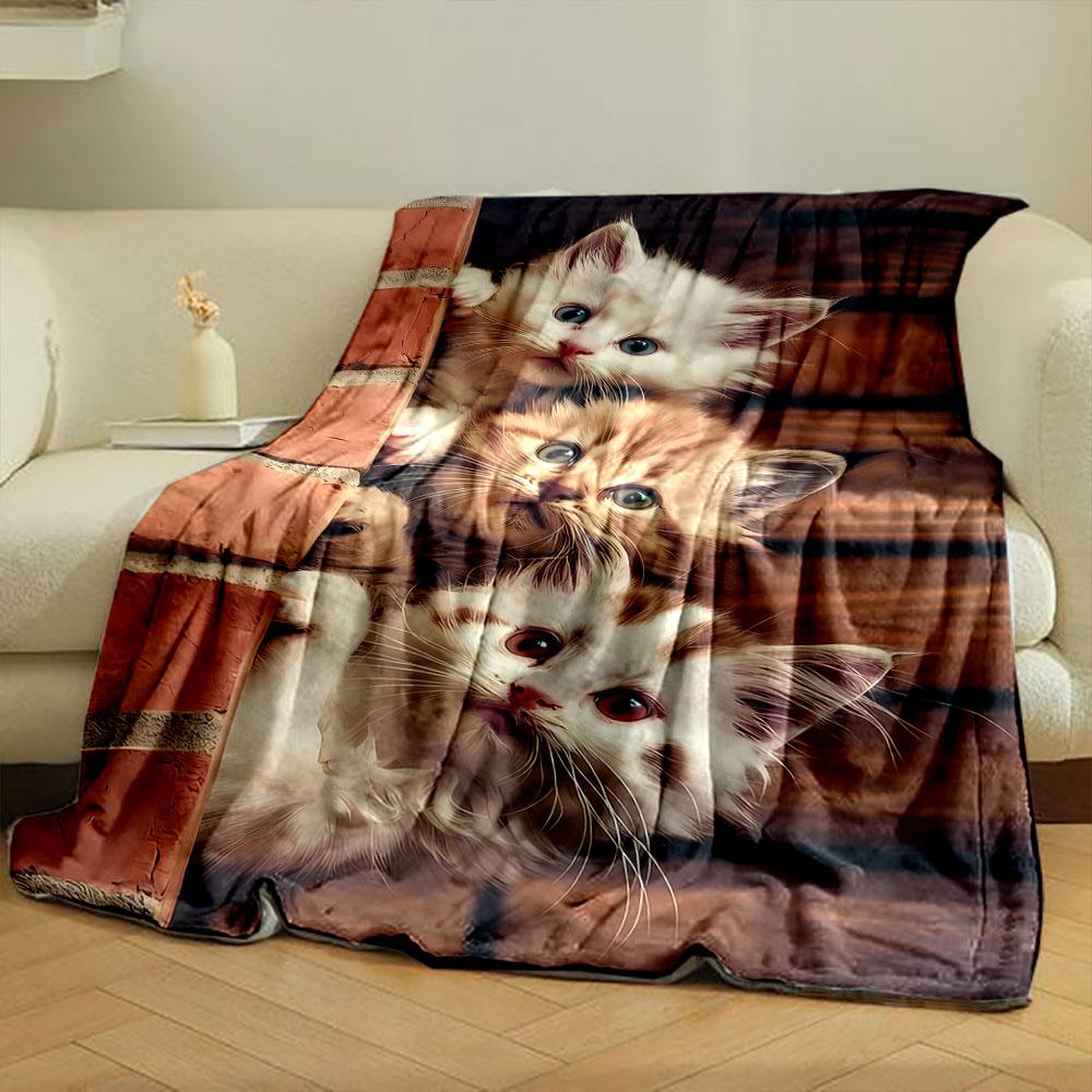 Adorable Plush Cat Print Blanket bedroom Blanket for Livingroom Couch lunch break Soft throw for Friend's festival Gift