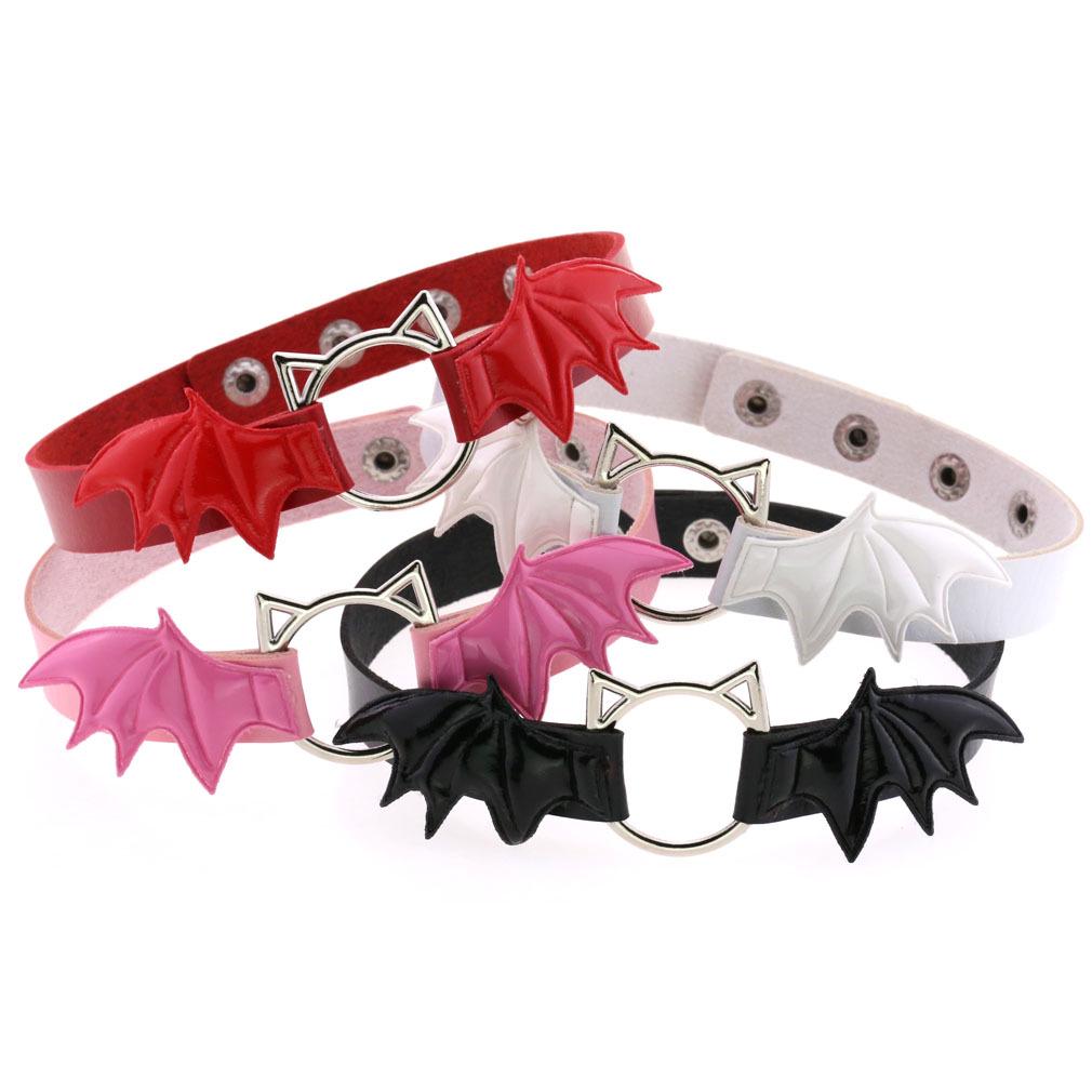 Cat Head Bat Wings Leather Punk Choker Necklace with Snap Button Clasp