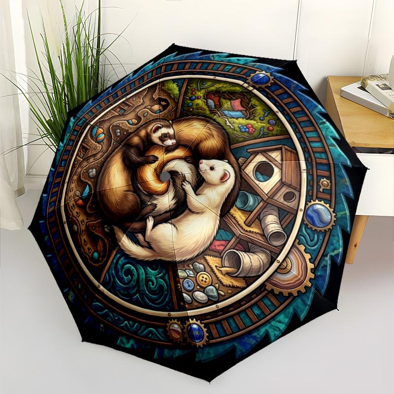 Ferret Harmony Mandala Pattern Umbrella, Portable and Foldable Design, 8 Ribs, a Casual Accessory for Halloween, Christmas, and Birthday Gifts.