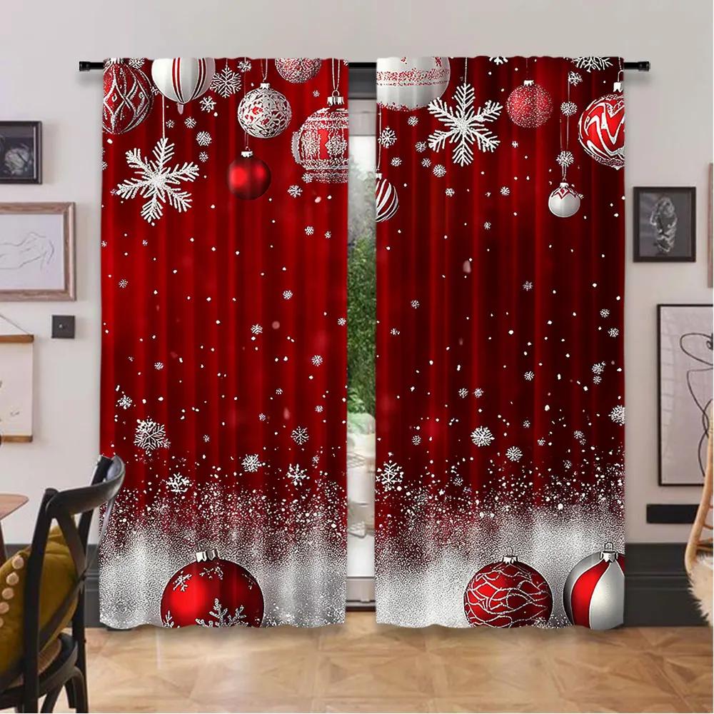 2Pcs Christmas Curtain Traditional Celebration Theme Pendant Baubles Ornate Snowflakes For Living Room Dining Room Bedroom