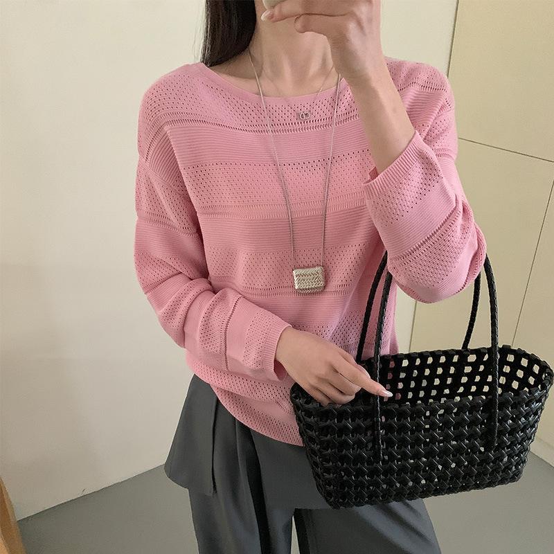 

Tencel one-word neck knitted long-sleeved women s summer new loose and thin casual versatile top thin One Size светло-розовый