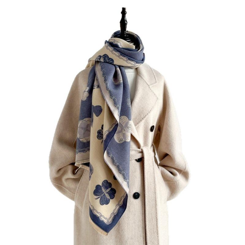 Elegant Camellia Double Sided Printed Warm Imitation Cashmere Scarf For Women