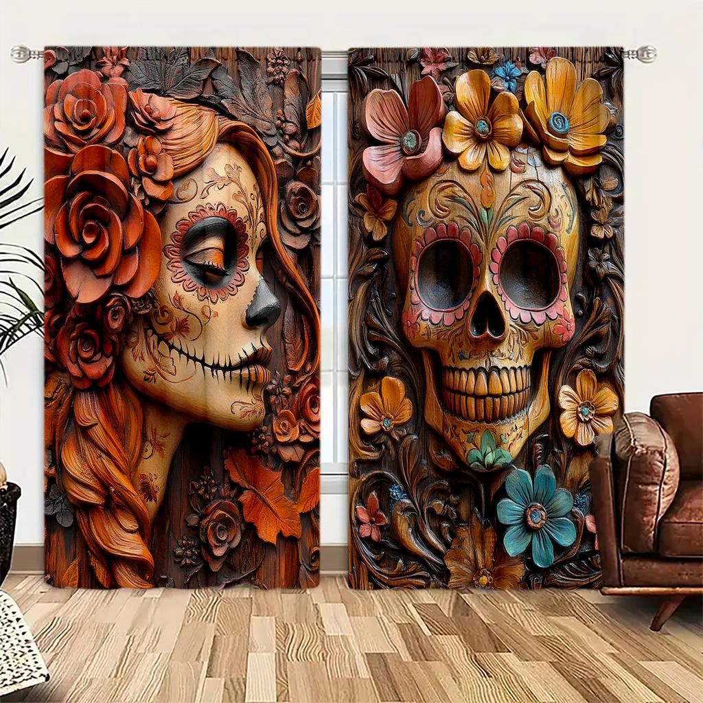 2pcs Wooden Carving Skeleton Love Printed Curtain for Halloween Home Decor - Rod Pocket Window Treatment for Bedroom, Office