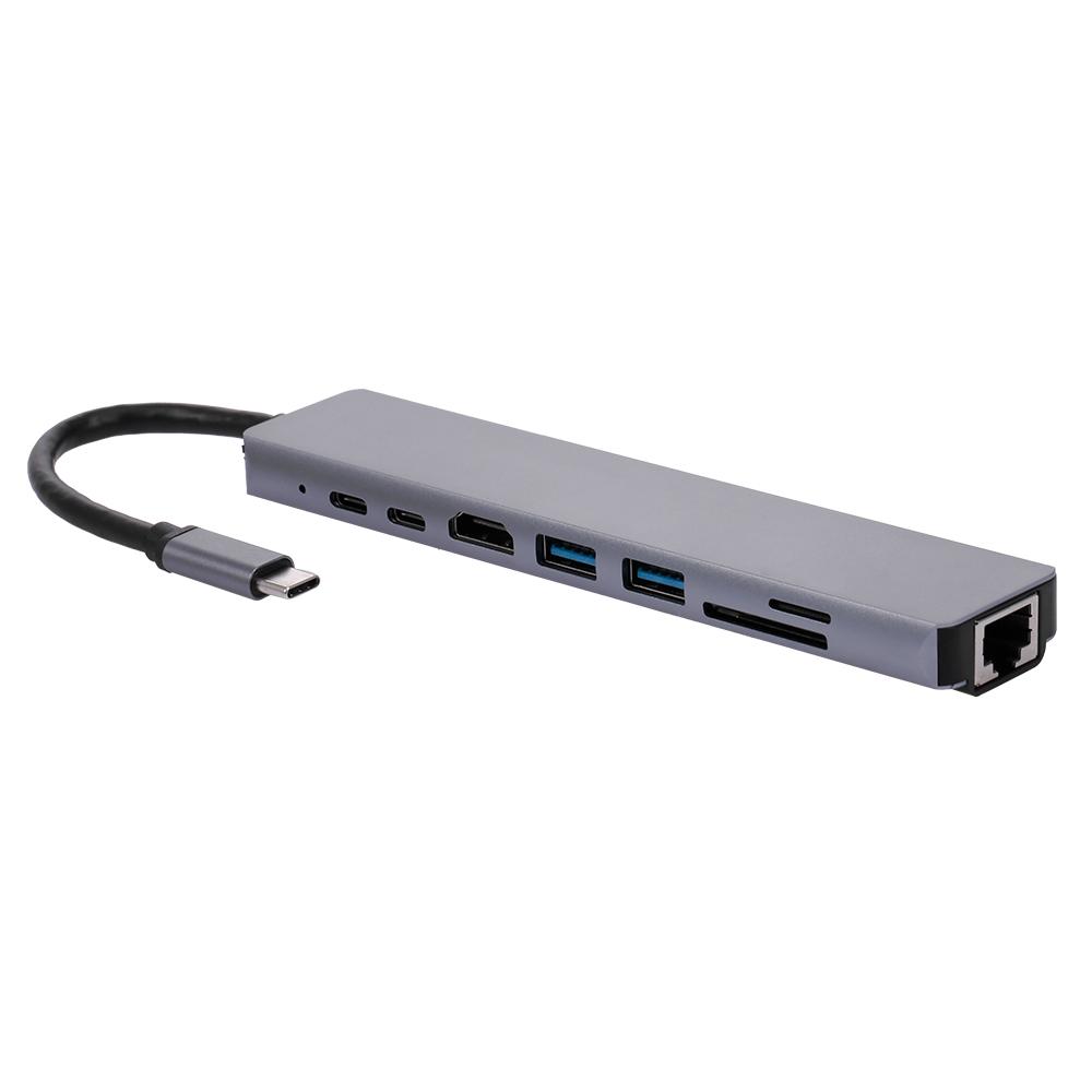 8IN1 USB C Multi function Laptop Docking Station Converter Type C to PD+USB*2+HDTV+Type C+SD+TF+RJ45 87W Adapter Grey