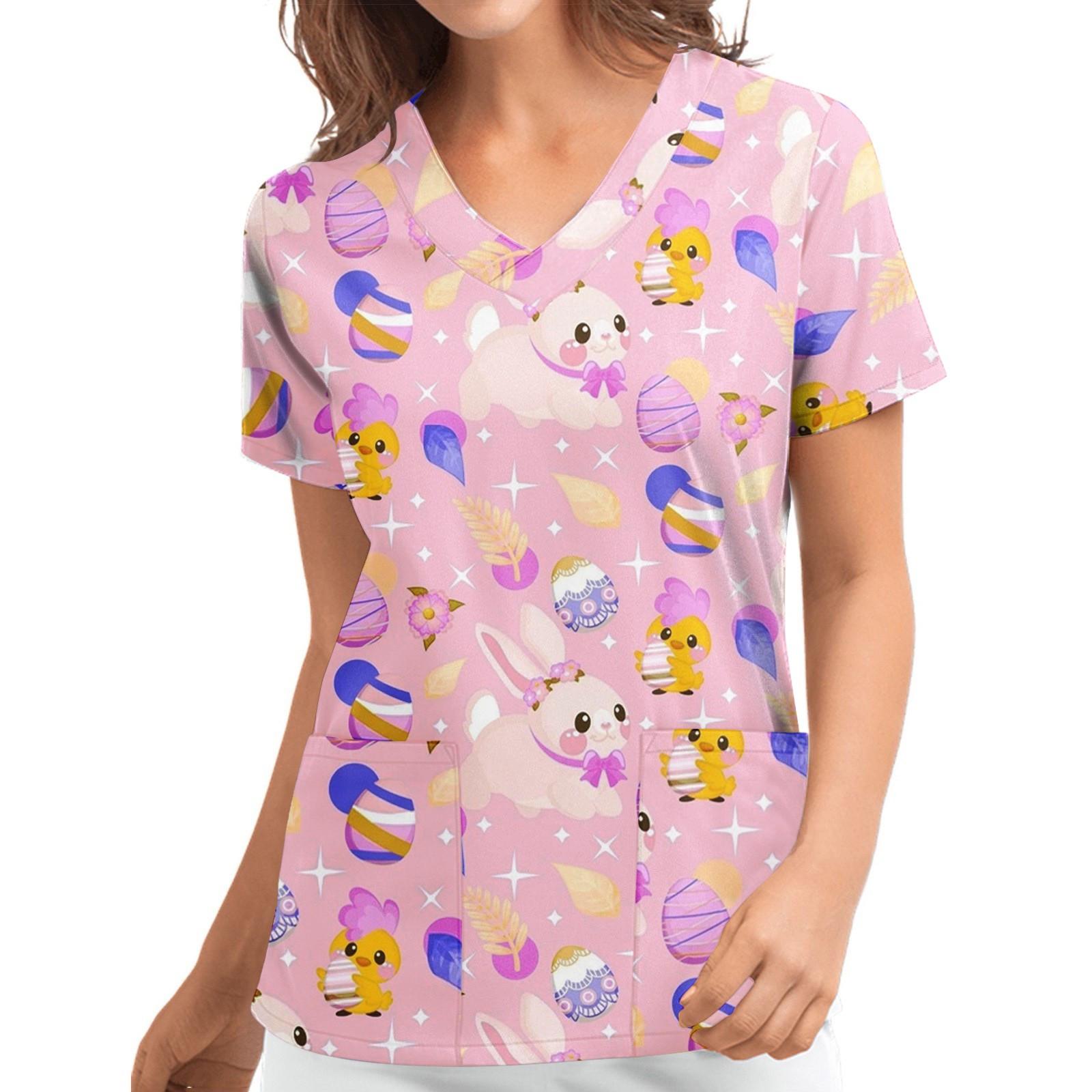 

Women s Fashion Print Short-Sleeved V-Neck Spring And Summer Workwear Pocket Tops S