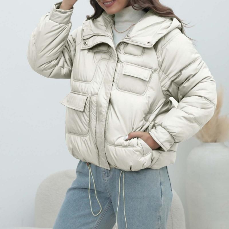 Womens Thick Winter Cotton Puffer Coat With Hood Stand Collar Bright Color Street Style Mid-Length Outerwear