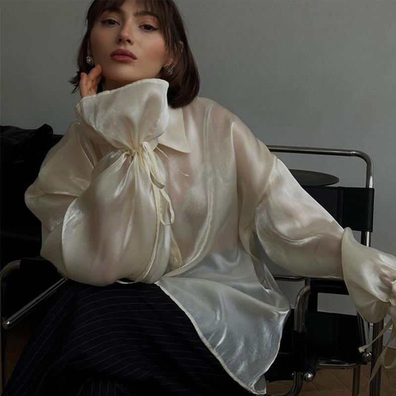 Fashion Loose Beige Shirt Women's Casual Sun Protection Solid Button Outwear Shirt Long Sleeve Top Thin See Through Shirt