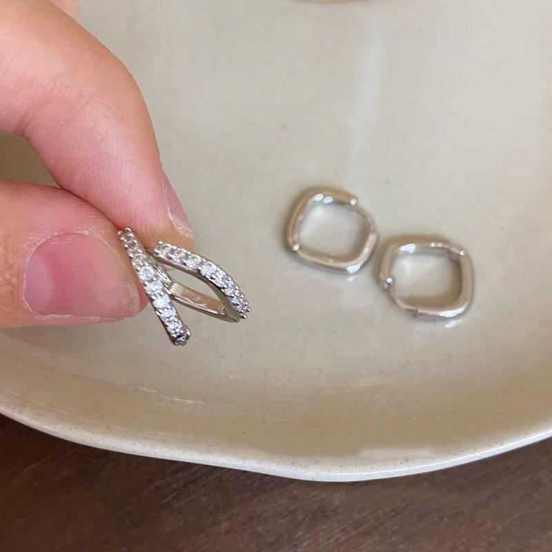 Square Zirconia Vein Earrings Women's Light Luxury Temperament Double Ear Holes Design Fashion Versatile Ear Buckle Jewelry