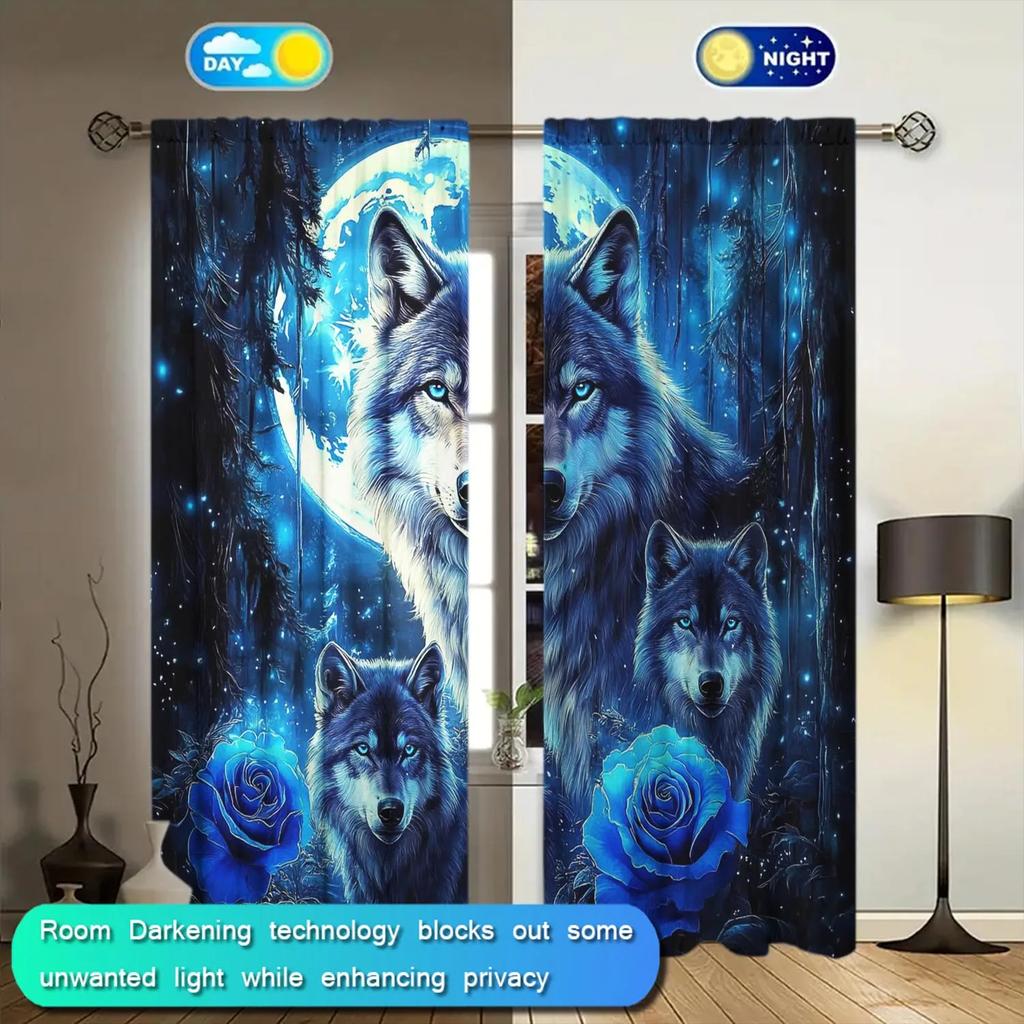 2pcs Under the Moon Wolf King Rose Curtain - Artistic Home Decoration Curtains, All Season Decorative Curtains