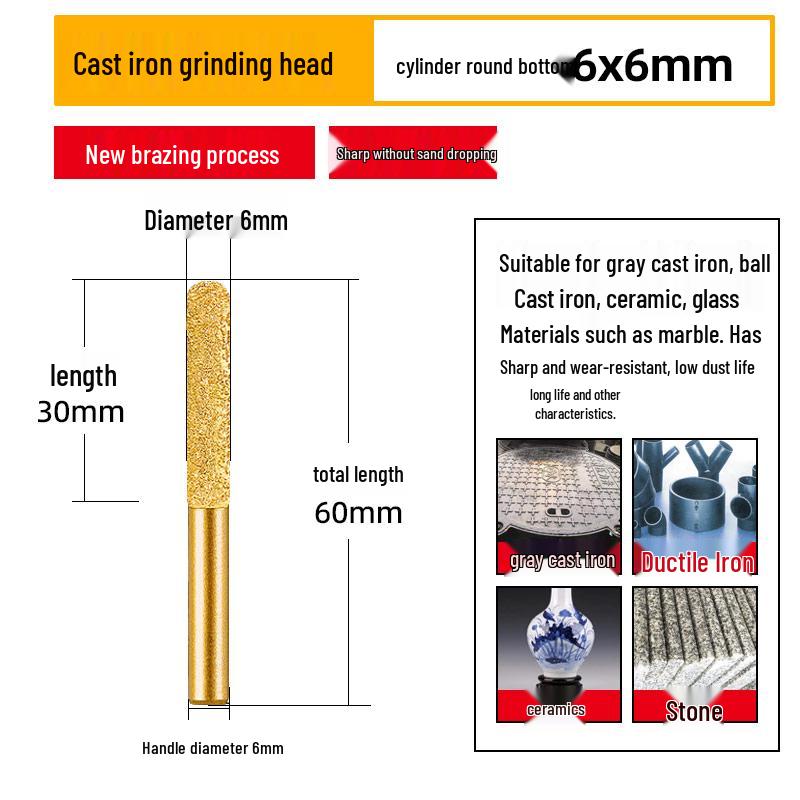 Diamond Brazed Carbide Grinding Head for Ductile Iron & Stone, Compatible with Electric Drills