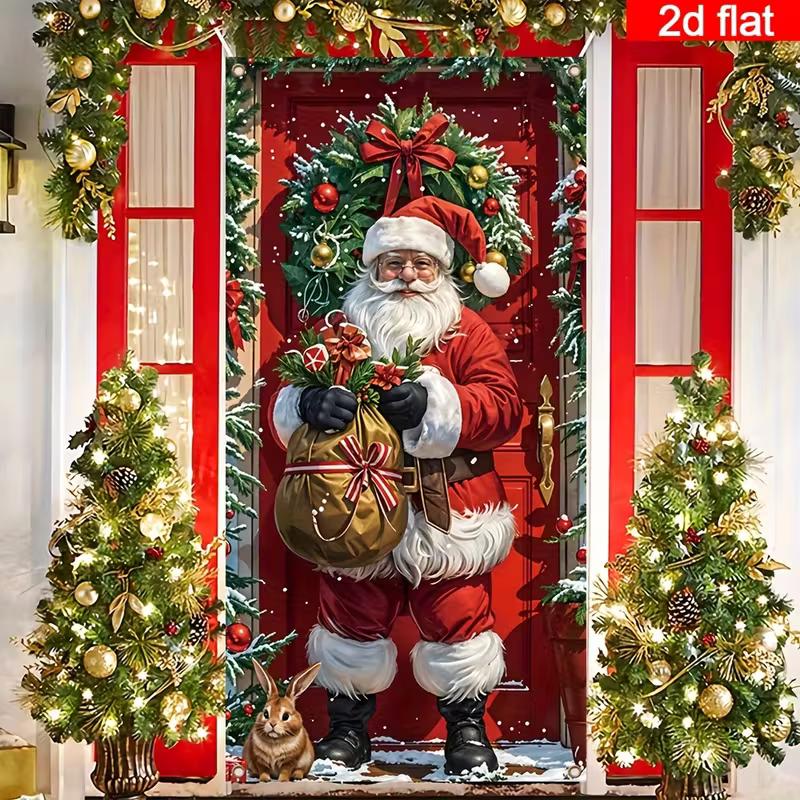 

2D Santa Christmas Door Banner Red Suit Santa with Bunny for Holiday Party & Celebration 47.2x31.5inch/120*80cm