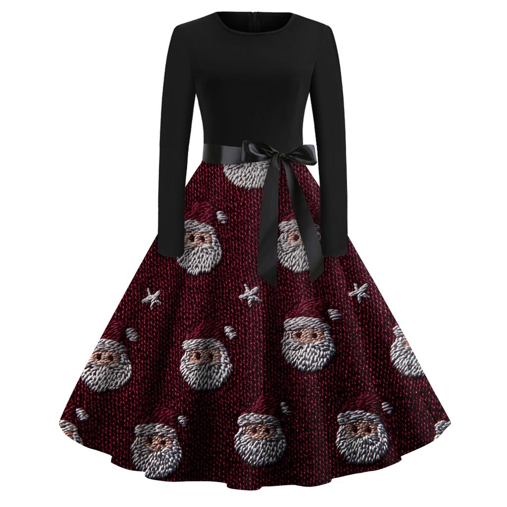Damenmode Rundhals Lässig Slim Fit Weihnachtsdruck Weit schwingendes Langarmkleid