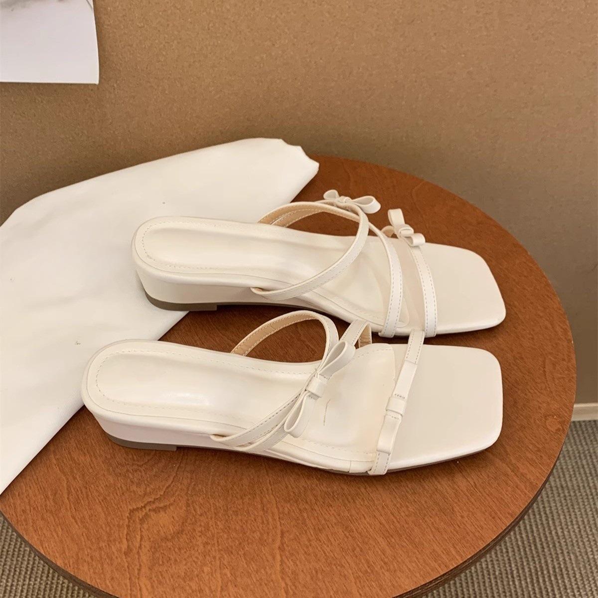 

Wedge heel slippers women s summer wear new French temperament bow sandals fairy thick sole beautiful sandals 40 абрикосовий