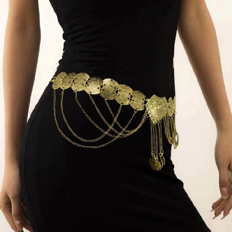 Fringed Coins Chain Belt for Women Hollowed Waist Chain Ethnic Decorative Dress Belt Party Waist Decors Body Jewelry