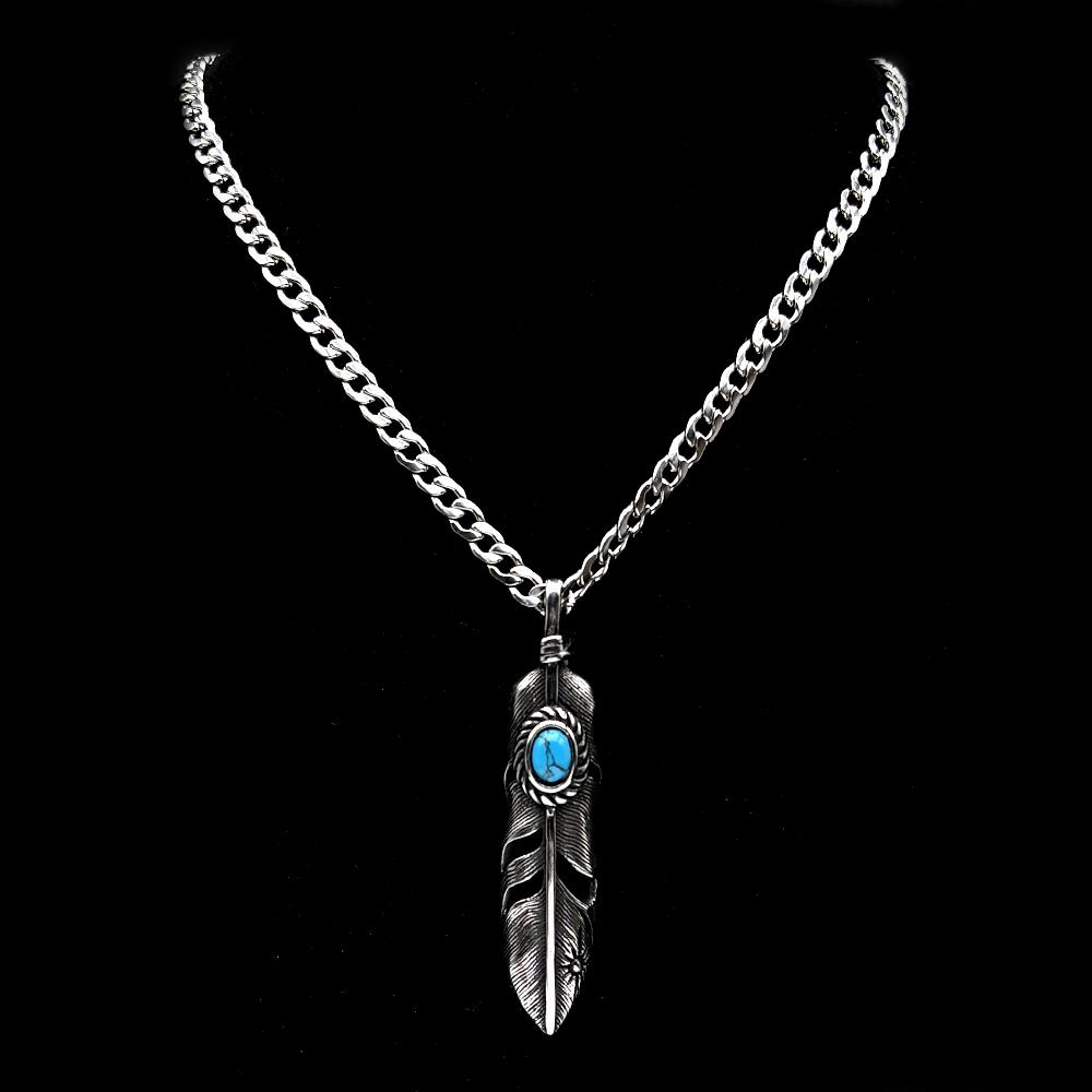 Collana Pendente con Piume Turchesi Stile Boho Vintage per Donne Uomini Catena in Acciaio Inossidabile Colore Argento Amuleto Gioielli in Pietra Naturale
