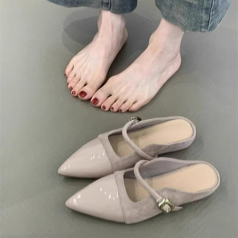 Fashion Low Heel Baotou Slippers Summer New Pointed Head Splicing Flannelette Metal Buckle Anti-slip Wear-resistant Flat Shoes