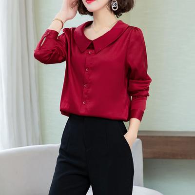 Neues Herbst-Shirt mit Puppenkragen aus Satin und langen Ärmeln für Damen Rot Vielseitiges Modisches Oberteil