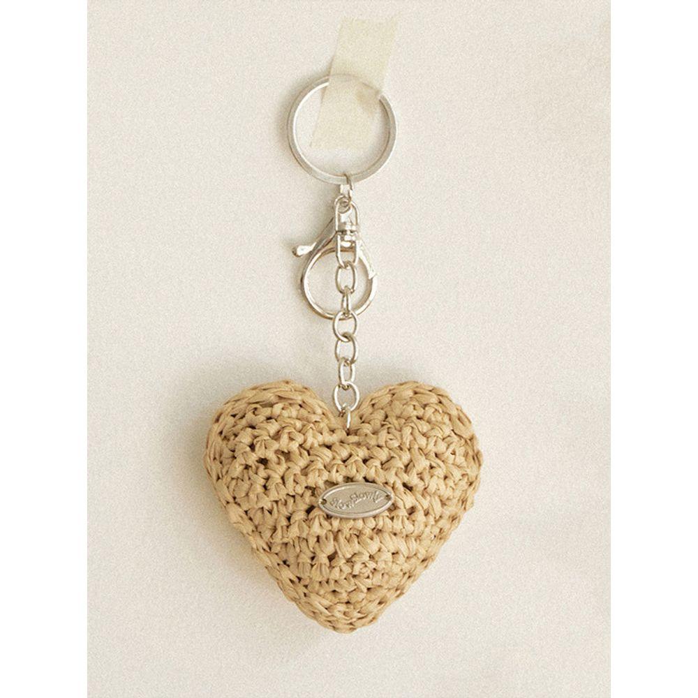 Slowslowly Chubby Heart Handmade Crochet Raffia Keyring _ Natural Beige