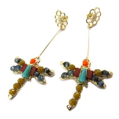 [P4028] - Gold-plated Artisanal Earrings 'Brasilia' Multi-colored Gold (dragonflies) - 75x30 Mm