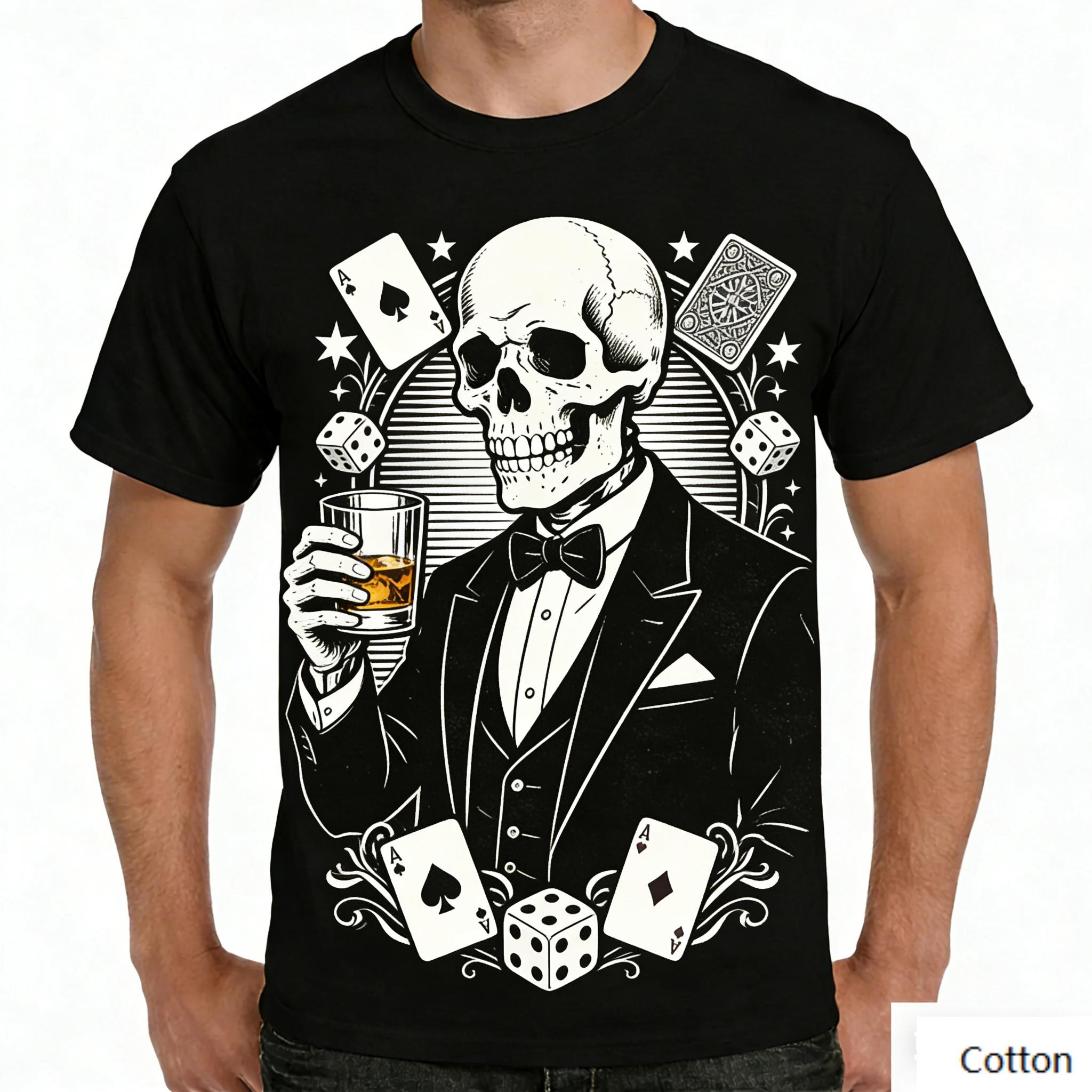 Vintage Skeleton Gambler Graphic T Shirt, Cotton Crew Neck Short Sleeve Tee, Casino Poker Print Unisex Top S разноцветный
