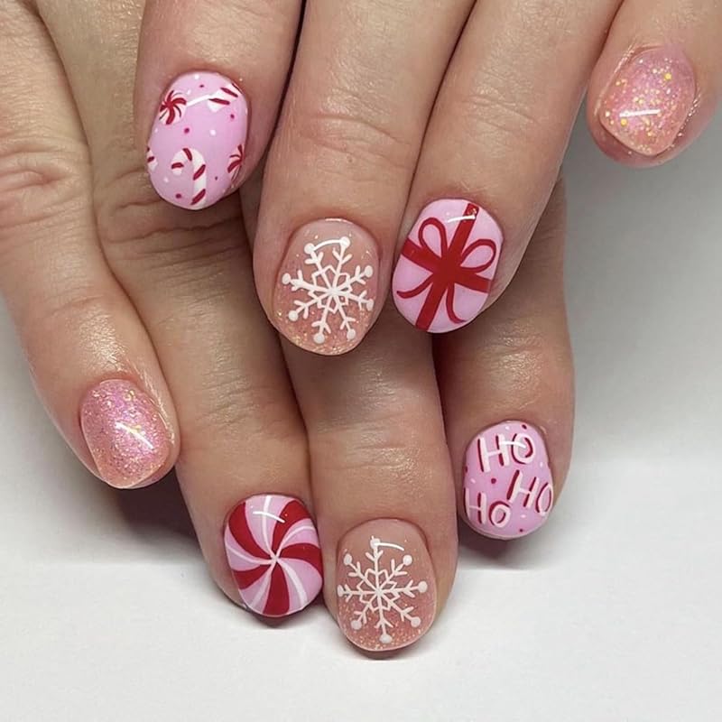 Christmas Press on Nails Medium Square Fake Nails Xmas Nails Press ons with Winterberry,Candy Cane,Snowflake,Santa Hat Design Reusable Artificial