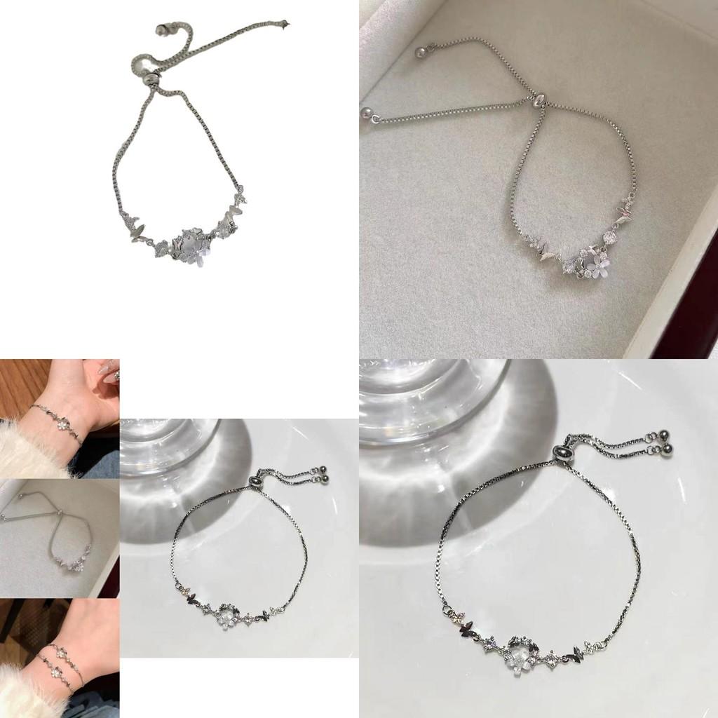 Minimalist Women's Silver Bracelet With Delicate Flower And Butterfly Elements