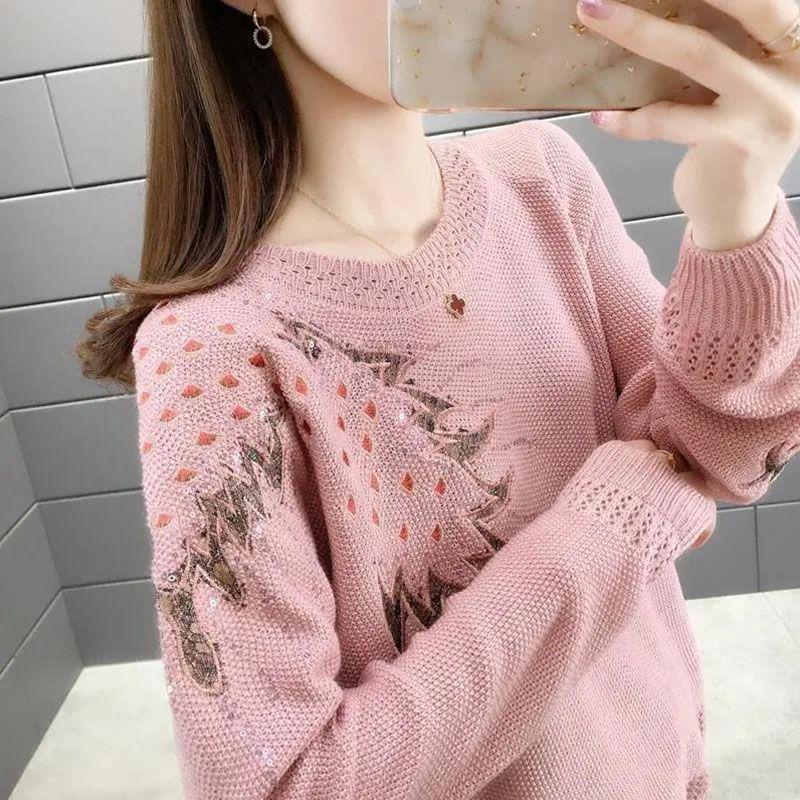 Loose spring and autumn women's hollow topShort round neck embroidered knitted sweater versatile and fashionable base shirt