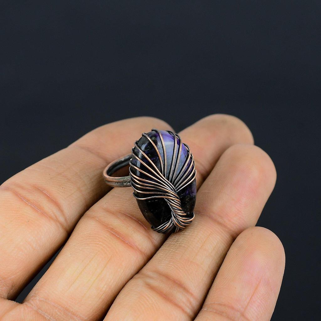 Tree Of Life Russian Chaorite Gemstone Copper Wire Wrapped Handmade Jewelry Ring For Wedding Gift All Size
